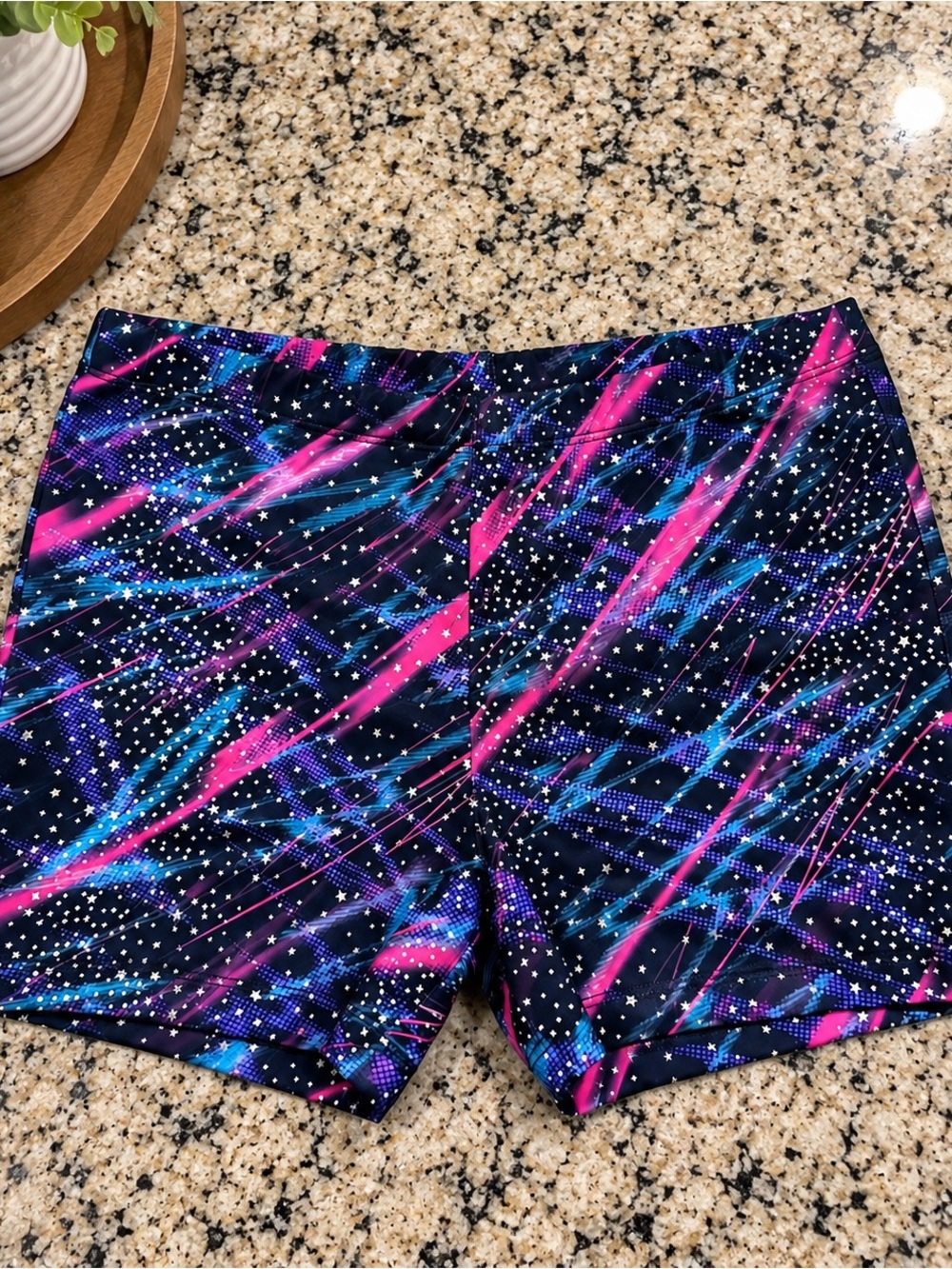 Danskin Now Black Shorts with Pink & Blue Nebula Print